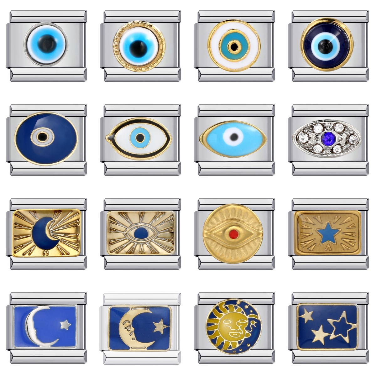URING 2025 แฟชั่น Blue Glaze Eye Sun Moon Star Charm อิตาเลี่ยน Links Fit 9 มม.สร้อยข้อมือสแตนเลสทํา DIY เครื่องประดับ
