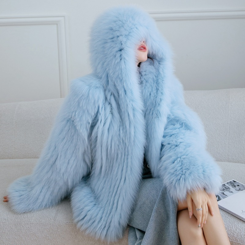 Winter Dikke Thermische Bontjas Luxe Geïmporteerde Vossenbont Geweven Jas Met Capuchon Buiten Winddicht En Winterbestendige Bontjas