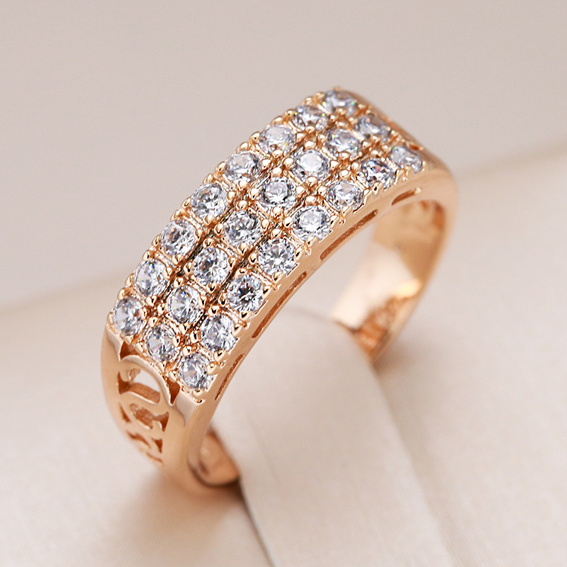 Kinel novo 585 anel de ouro rosa feminino três fileiras micro-cera incrustação natural zircão oco na moda anéis finos festa de casamento jóias 2021