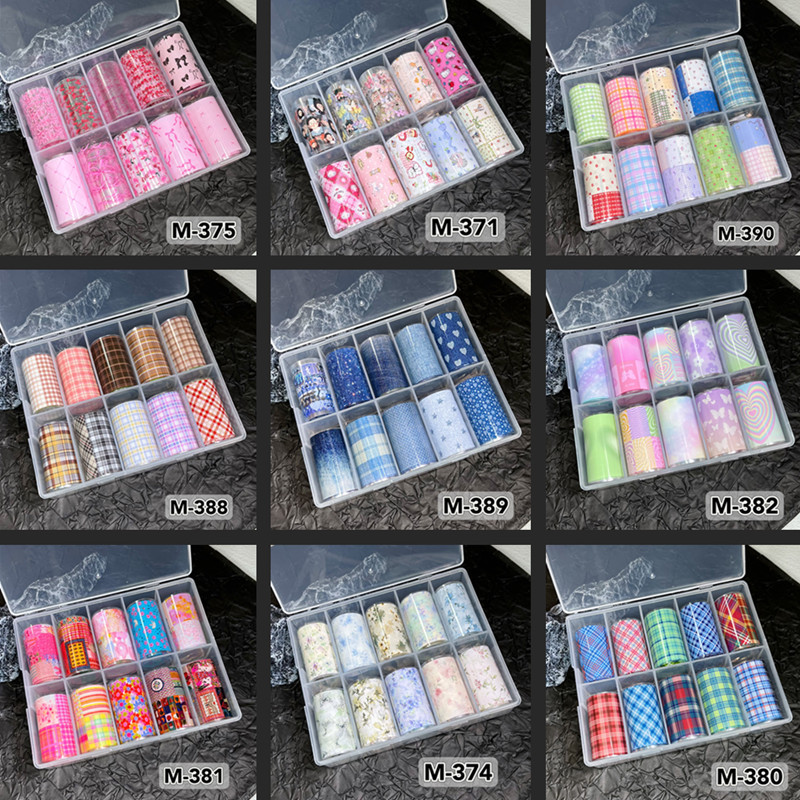 10 rolek Nowy projekt Świeże folie do paznokci do transferu Papierowa naklejka Paski Sliders Denim Nails Wraps DIY Bowknot Nail Art Decorations