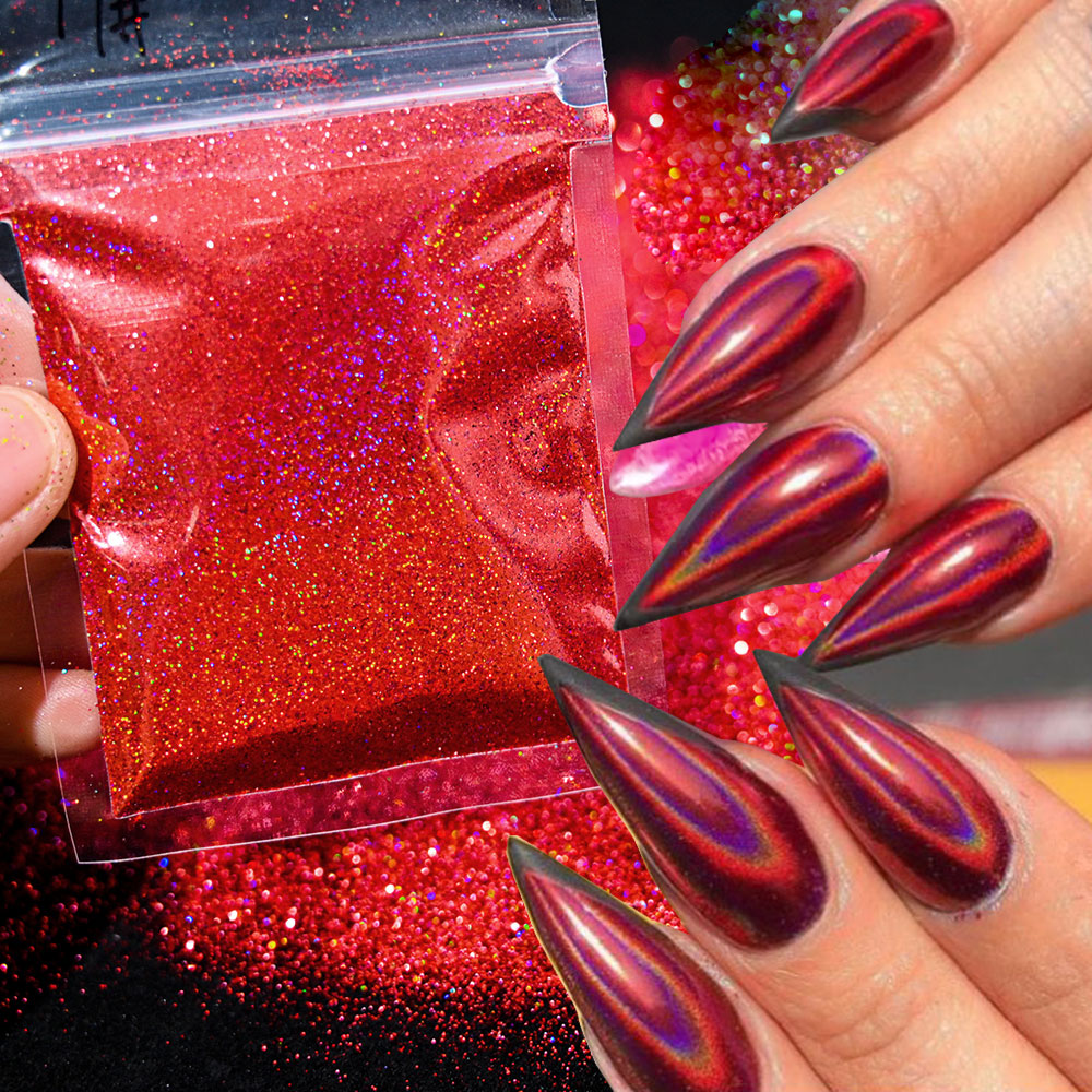 0.2mm świąteczny laserowy chromowany czerwony brokat w proszku 10G bardzo drobny holograficzny pigment do paznokci do żelu do paznokci polski odblaskowy Pigment