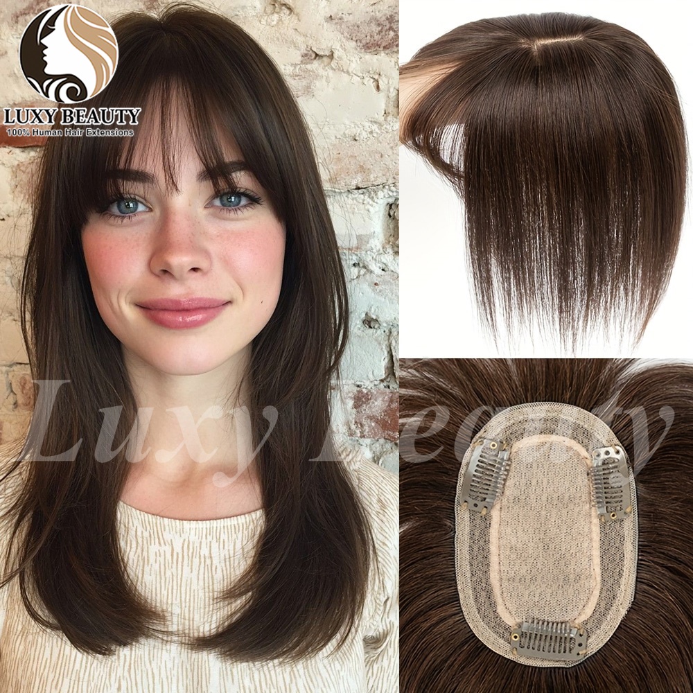 Topper de Cabello Humano Liso con Flequillo para Mujer, Natural, 8x12cm, Negro, Rubio, Castaño, con Clip para el Cuero Cabelludo, Extensiones de Cabello Humano