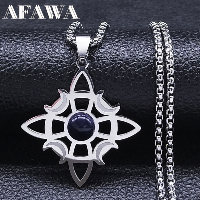 Wicca Keltischer Knoten Dreifachmond Göttin Halskette Edelstahl Naturstein Hexe Amulett Kette Halsketten Schmuck Kragen