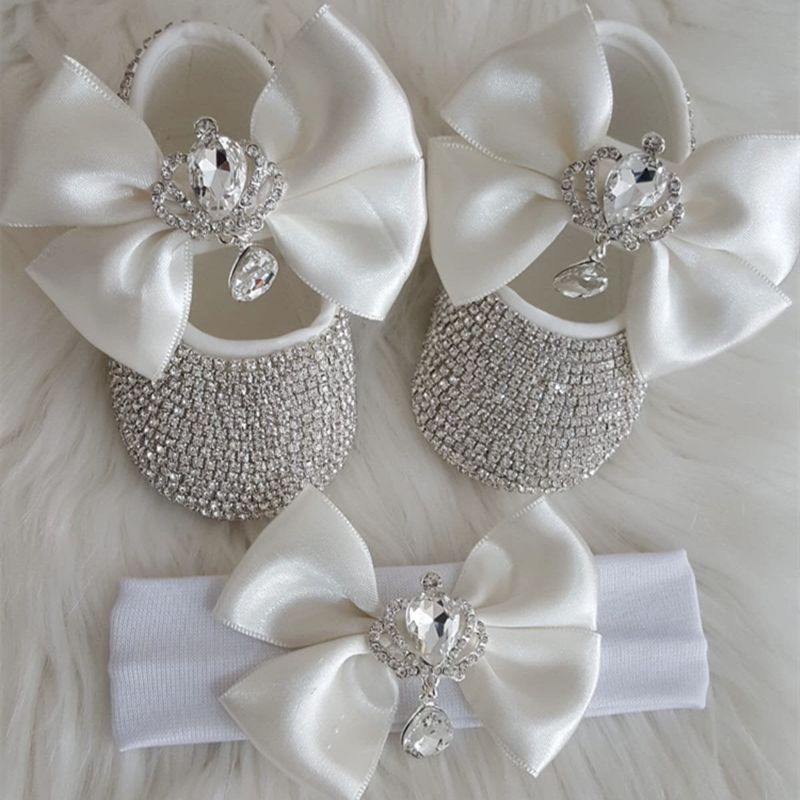 Dollbling marfim sapatos de bebê conjunto bandana bling luxo diamante strass fundo vermelho sapatos batismo menina