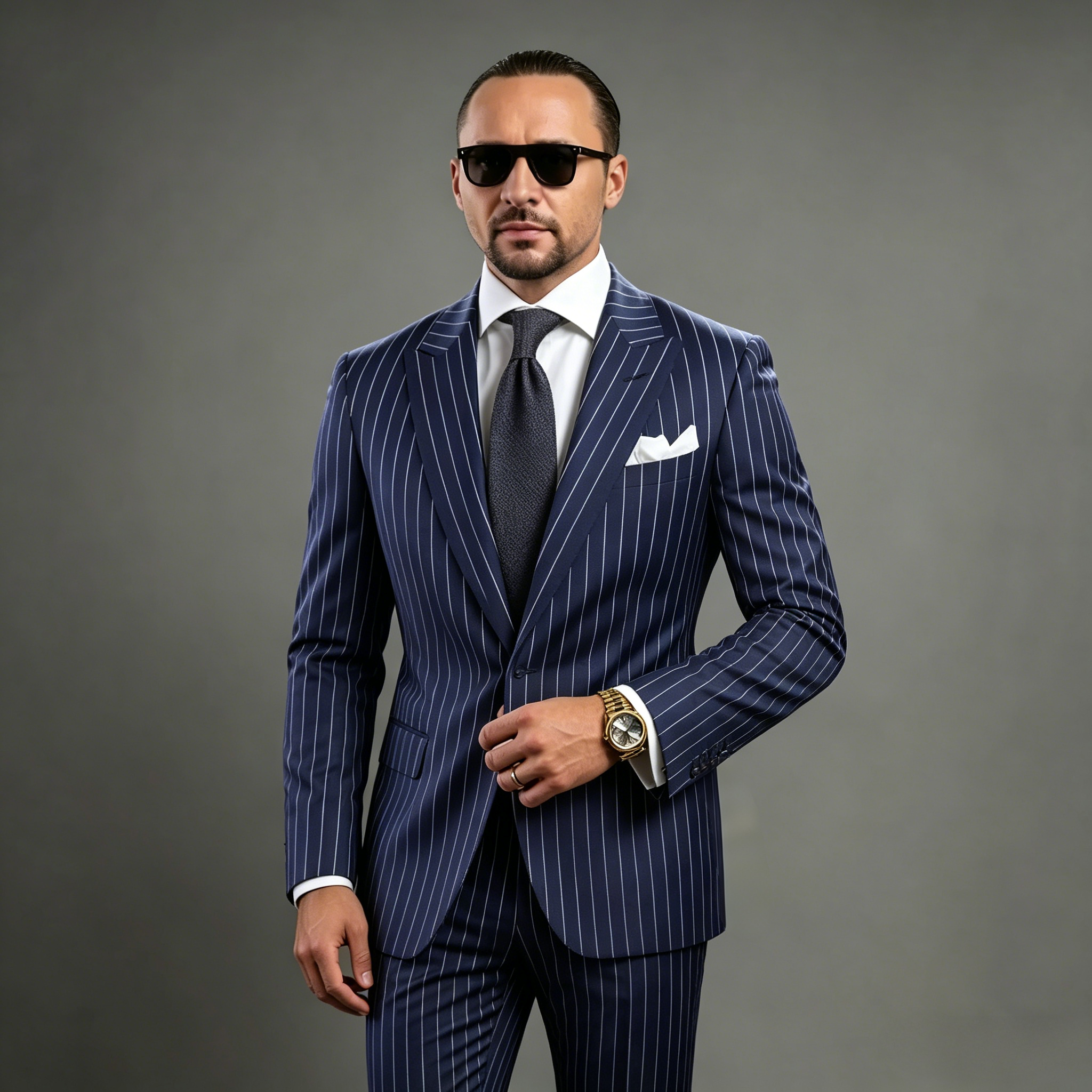 Navy Blue Pinstripe Men's Suits Fashion Peaked Lapel Two Buttons Groom Wedding Business Prom Party Male Suit (Jacket+Pants)