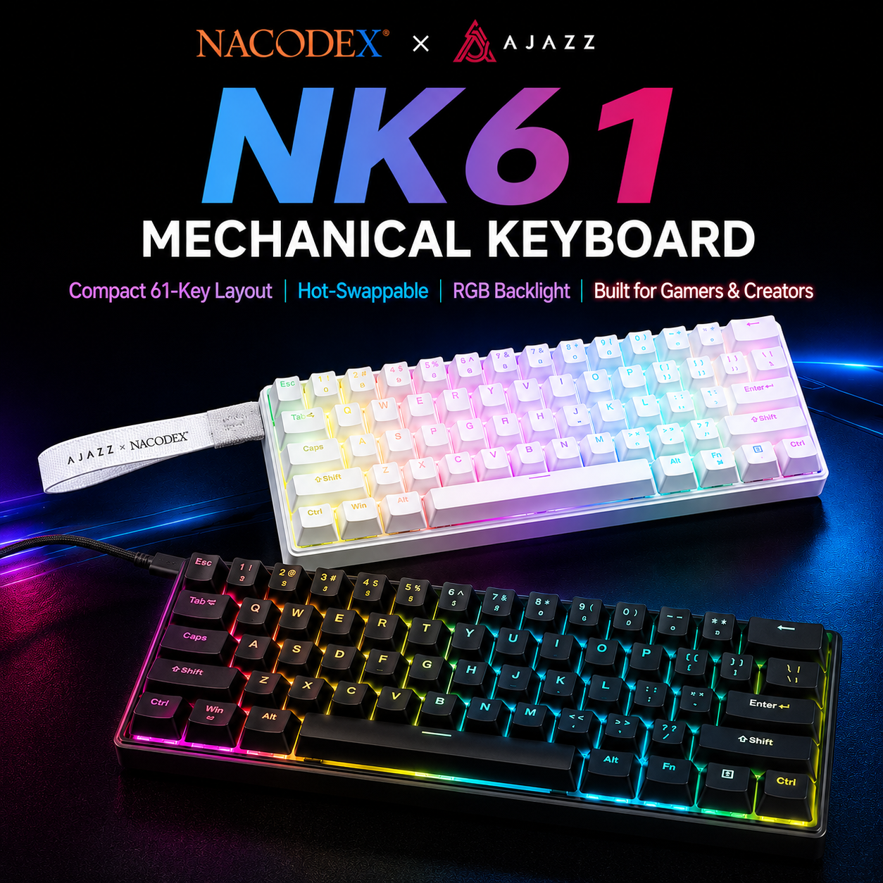 AJAZZ NK61 คีย์บอร์ดแบบมีสาย 61 คีย์ 60% ขนาดกะทัดรัดเปลี่ยนได้ทันทีสวิตช์สีแดง RGB แบ็คไลท์แบบพกพาสำหรับแล็ปท็อปสำหรับเล่นเกม