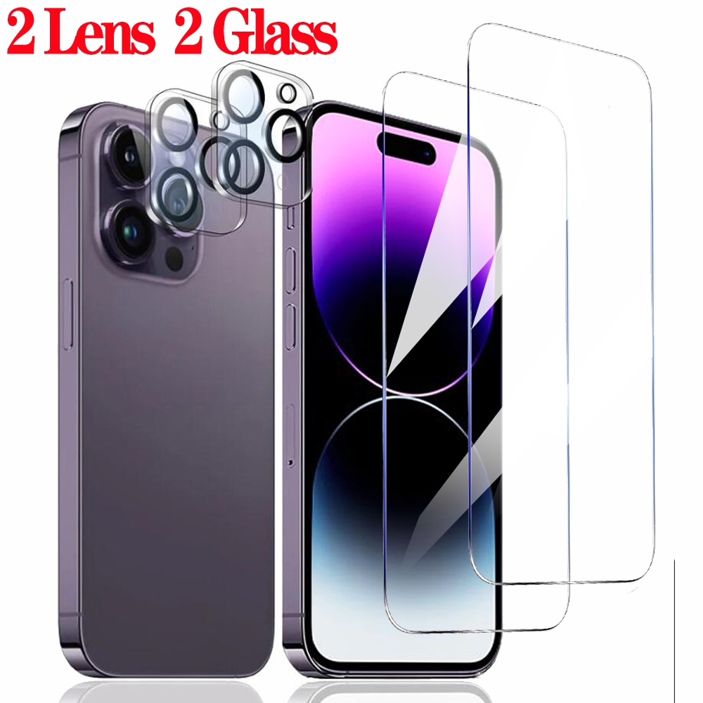 2 + 2 กระจกนิรภัยสําหรับiPhone 17 16e 16 15 14 13 Pro Maxป้องกันหน้าจอ + เลนส์กล้องฟิล์มสําหรับiPhone 11 12 13 Miniกระจกด้านหน้า