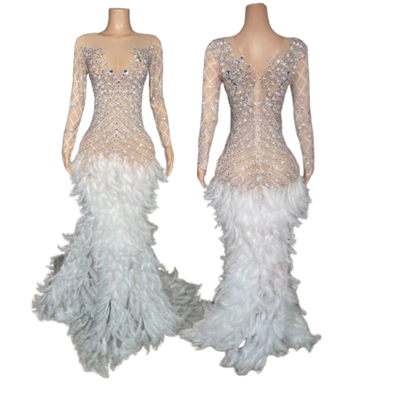 Hochwertiges Langarm-Strasskleid mit geteiltem Club, luxuriöses Federkleid, Hochzeitskleid, Damenkleider für Party und Hochzeit