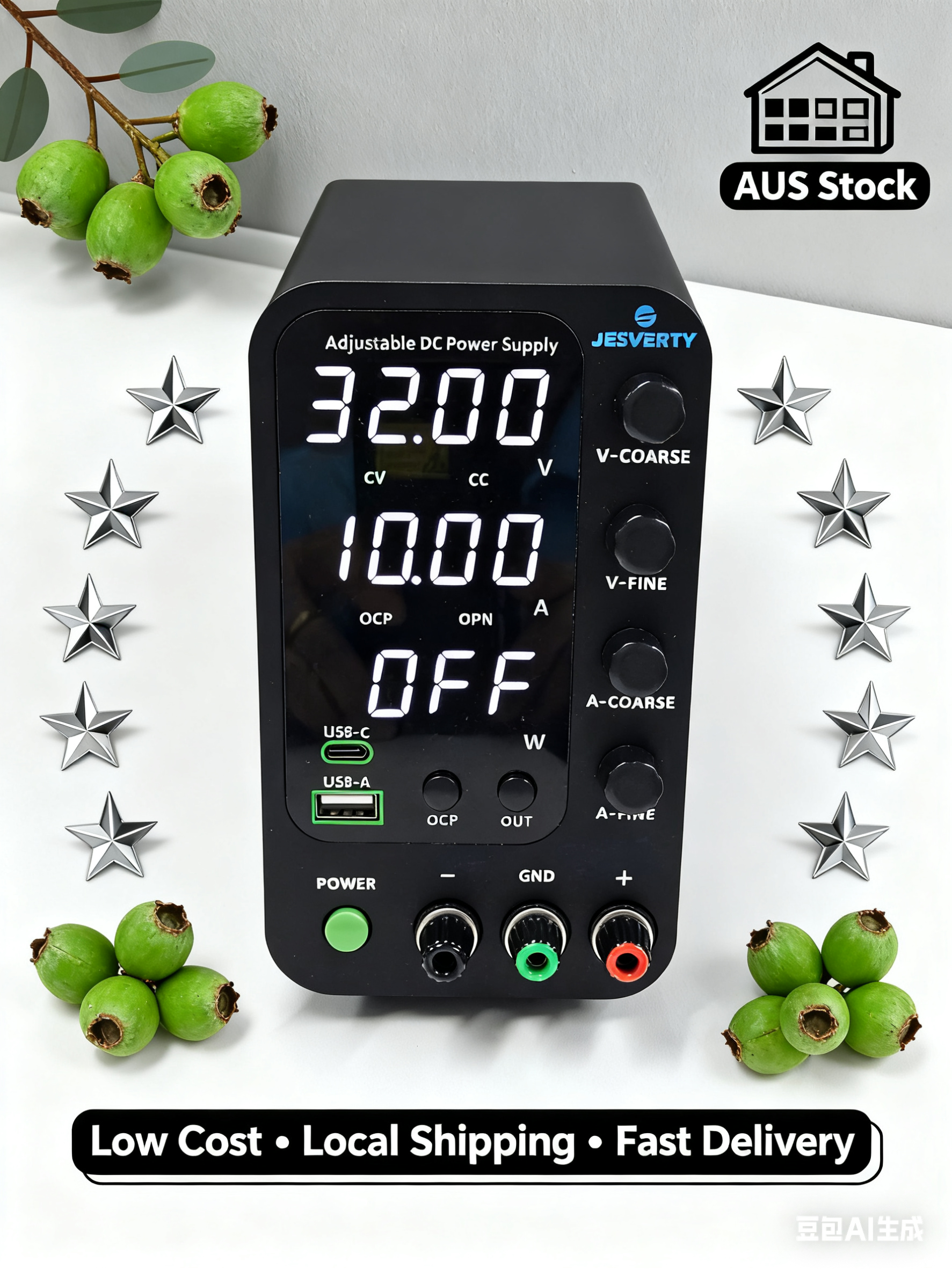 Envío desde Austra JESVERTY 0-32V 0-10A Fuente de alimentación de banco conmutada con carga USB tipo C de 20W, pantalla LED de 4 dígitos SPS-3010V