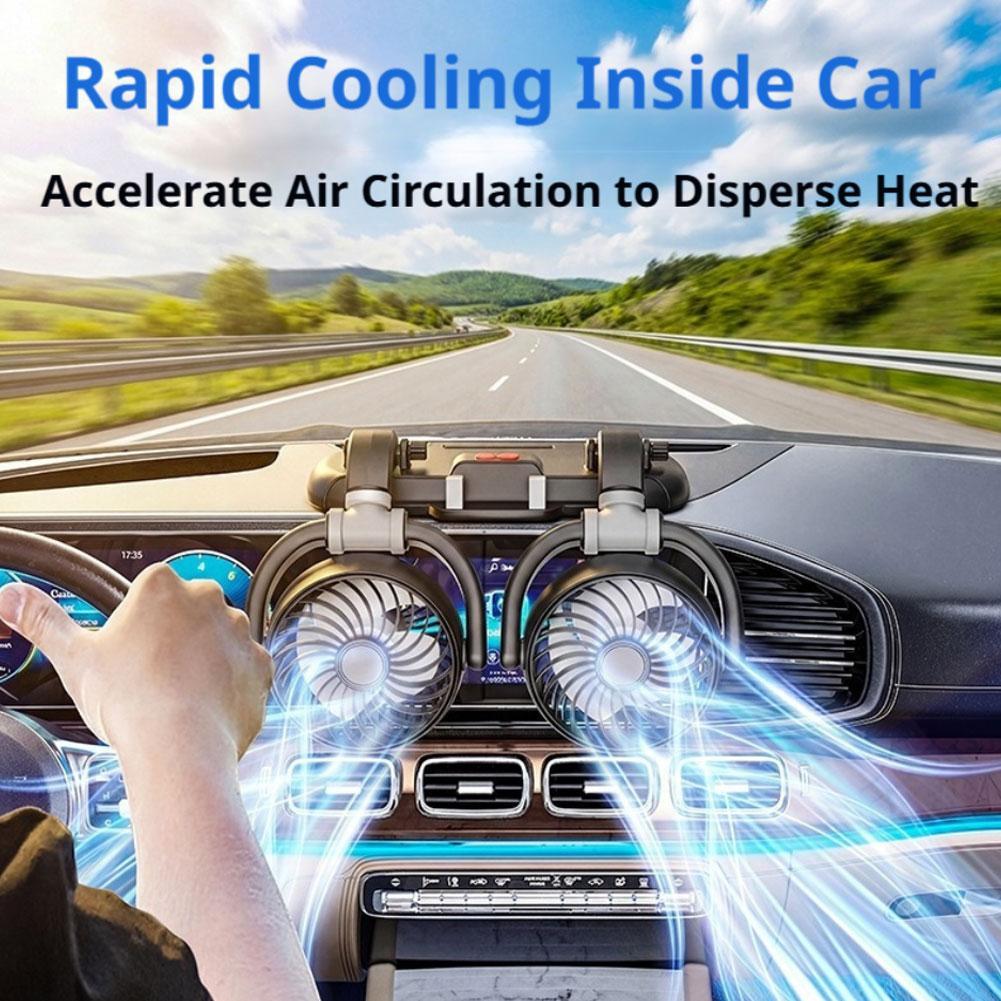 Draagbare dubbele kop autoventilator, 360 graden verstelbare autoventilator, sterke wind stille koeling voor auto dashboard & achterbank