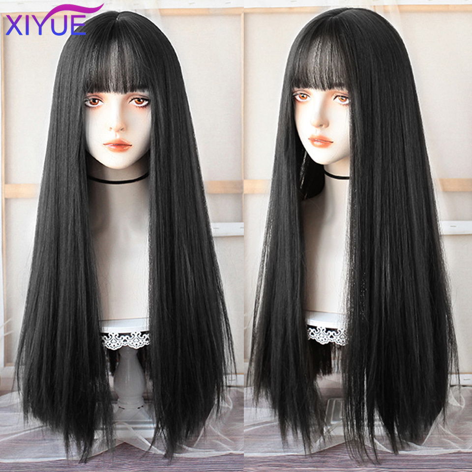 XIYUE peluca negra larga y recta con flequillo, pelucas sintéticas para mujer, pelo Natural resistente al calor para fiesta diaria de Cosplay de Halloween