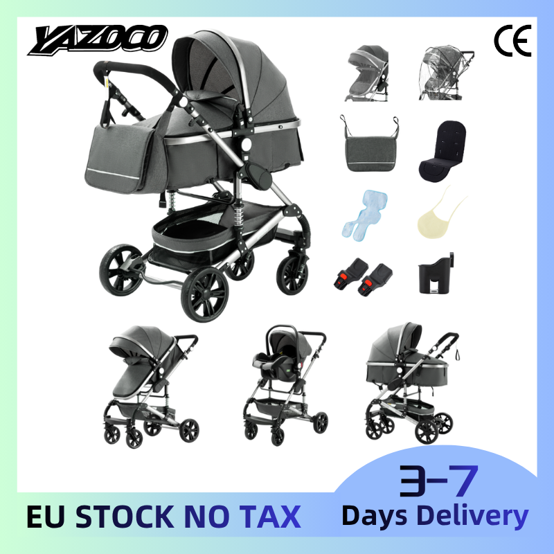 Neuester Premium 3-in-1 Kinderwagen, Hochwertiger Atmungsaktiver Sommer-Kinderwagen mit Autositz & Schlafkorb, Leichter Aluminiumrahmen Einfach Faltbar