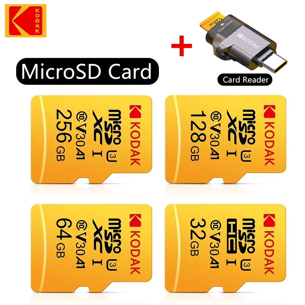 Cartão de Memória Kodak Micro SD 256GB 128GB 64GB 32GB Classe 10 U3 V30 de Alta Velocidade para Celular, Tablet e Câmera