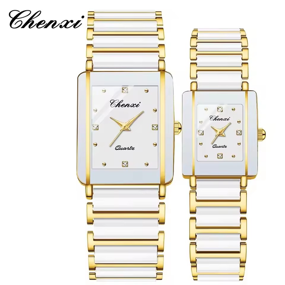 Chenxi 104a relógio de quartzo de casal ouro preto e branco cerâmica relógio de luxo masculino e feminino presente do dia dos namorados reloj