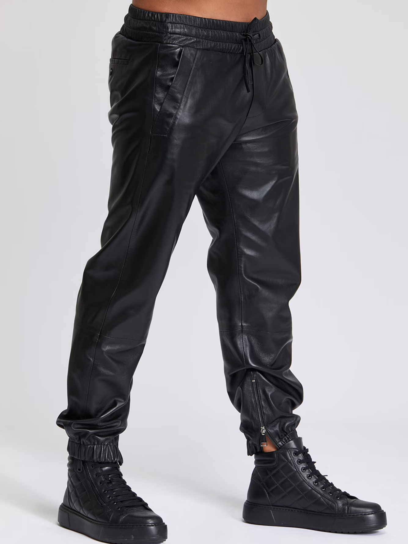 Pantaloni Jogger in Pelle PU Nera alla Moda - Antivento, con Cintura Elastica, Coulisse, Pantaloni Casual da Strada per Primavera e Autunno