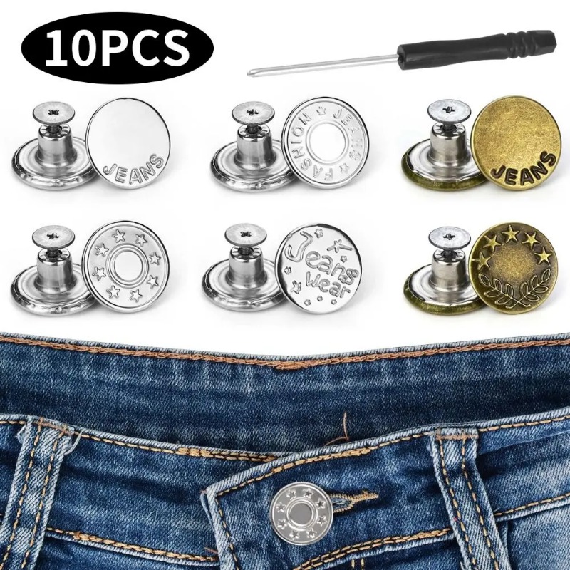 Confezione da 10 bottoni per jeans con cacciavite, accessori per cucito abbigliamento e pantaloni, fibbia in vita, 17mm, senza chiodi, estensori vita