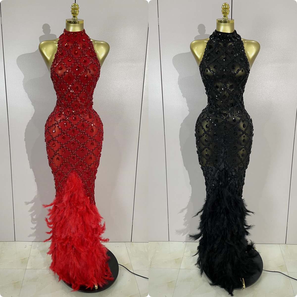 Luxus Sparkly Red Strass Feder Sexy Mesh Durchsichtig Langes Kleid Frauen Geburtstag Abend Nachtclub DJ Tänzerin Bühne Kostüm