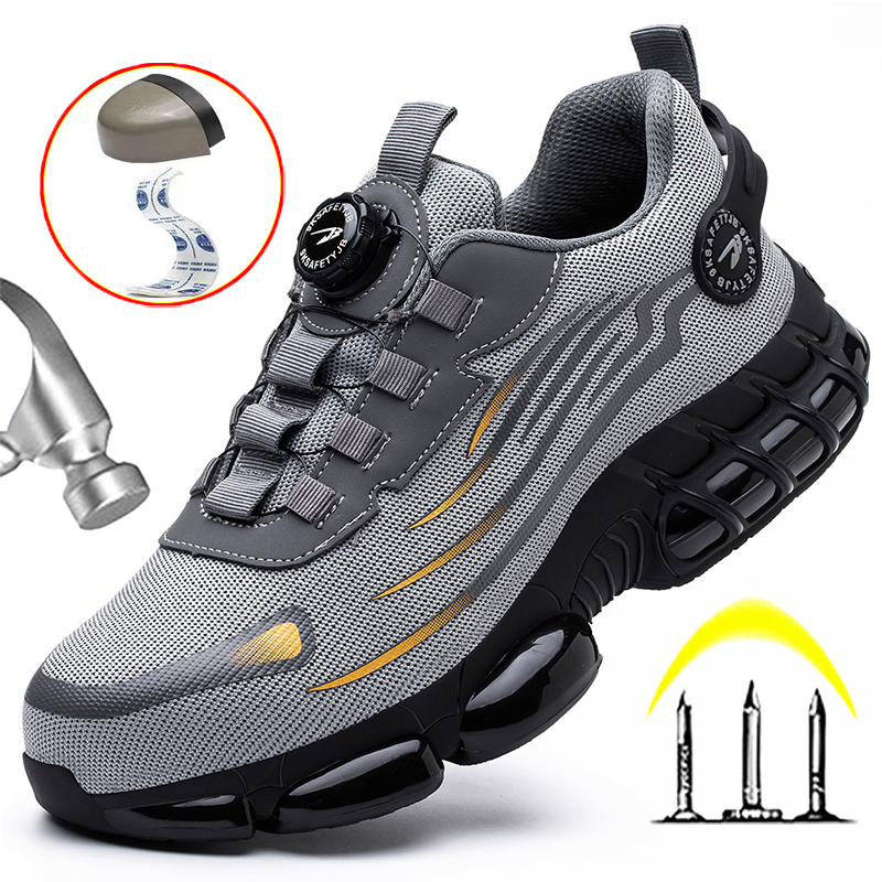 ปุ่มหมุนรองเท้าทํางาน Anti-SLIP ความปลอดภัยรองเท้าผู้ชาย STEEL TOE รองเท้าผ้าใบหลักฐานการเจาะรองเท้าทํางาน Man กีฬารองเท้าทําลาย