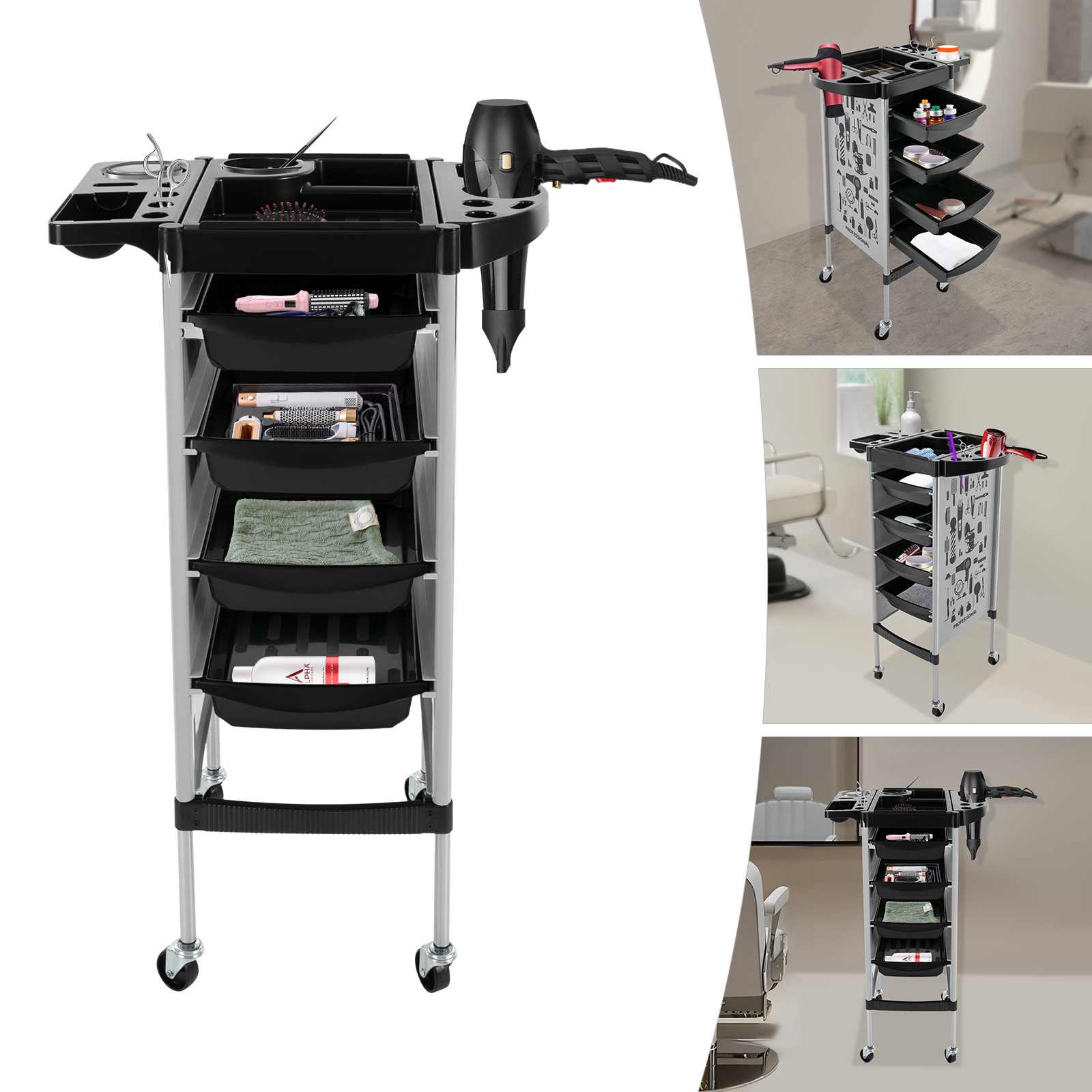 Kapsalonwagens met 4 laden en wielen Salonwerkwagen Trolley Stylist Kapper