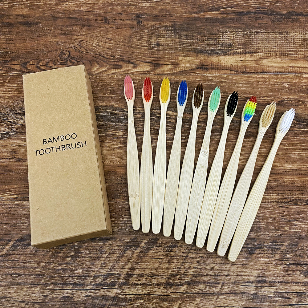 10PCS 생분해 성 대나무 칫솔 치아 다채로운 강모 천연 대나무 칫솔 치과 에코 Bambou 칫솔
