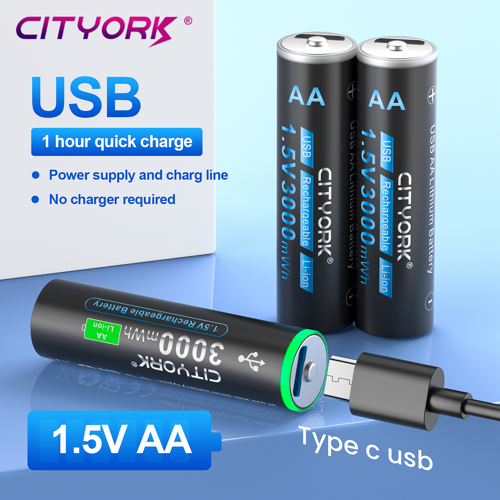 100% Capacity 1.5V AA Li-ion Battery 3000mWh AA USB Rechargeable AA Lithium Battery AA Li-polymer Batteries With USB Cable