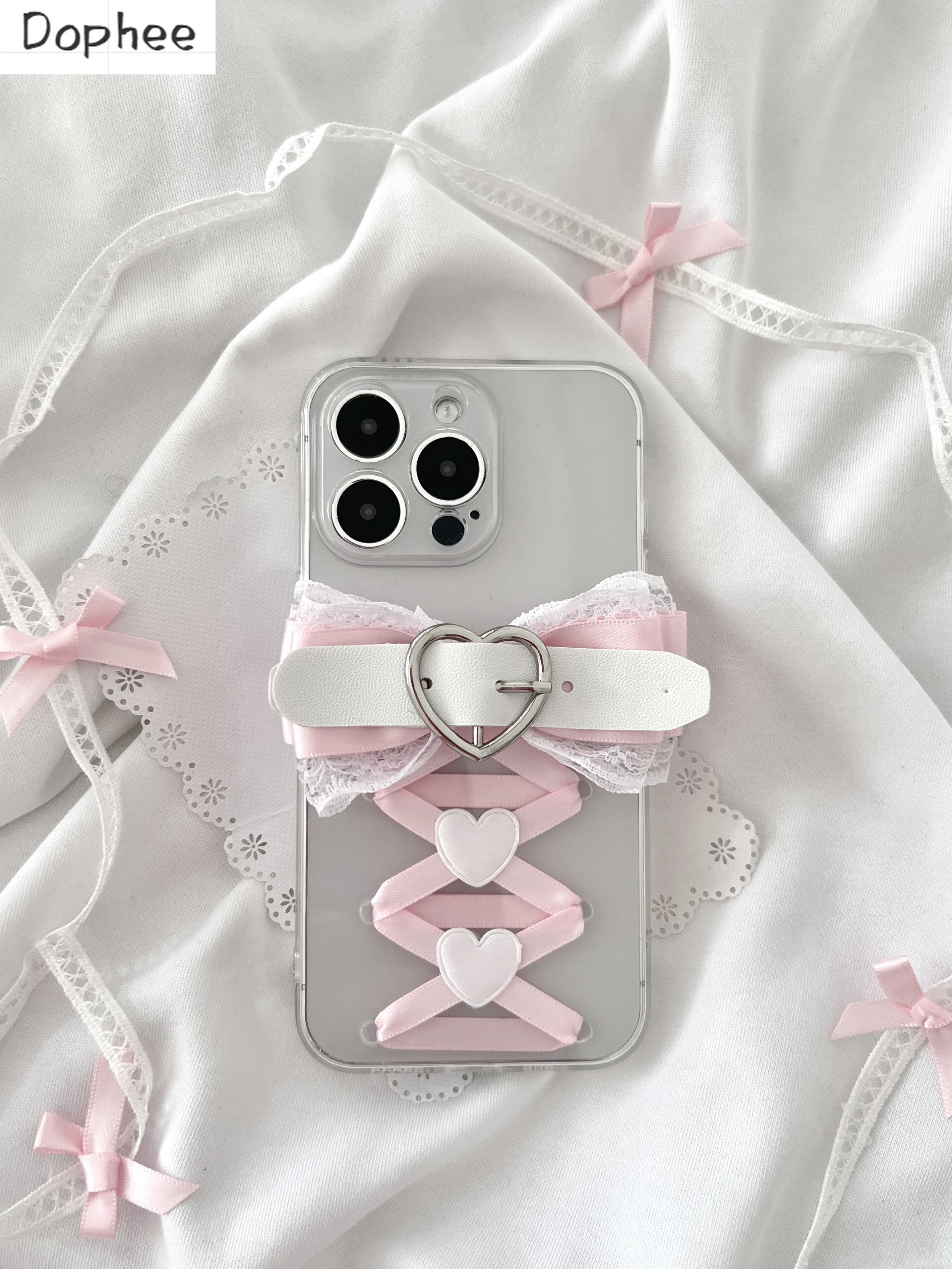 Dophee Original Sweet Girl Кружевной бант Love Пряжка 15 16 Pro Чехол для телефона Cool Hottie Y2K iPhone15promax Чехол Прозрачный мягкий корпус
