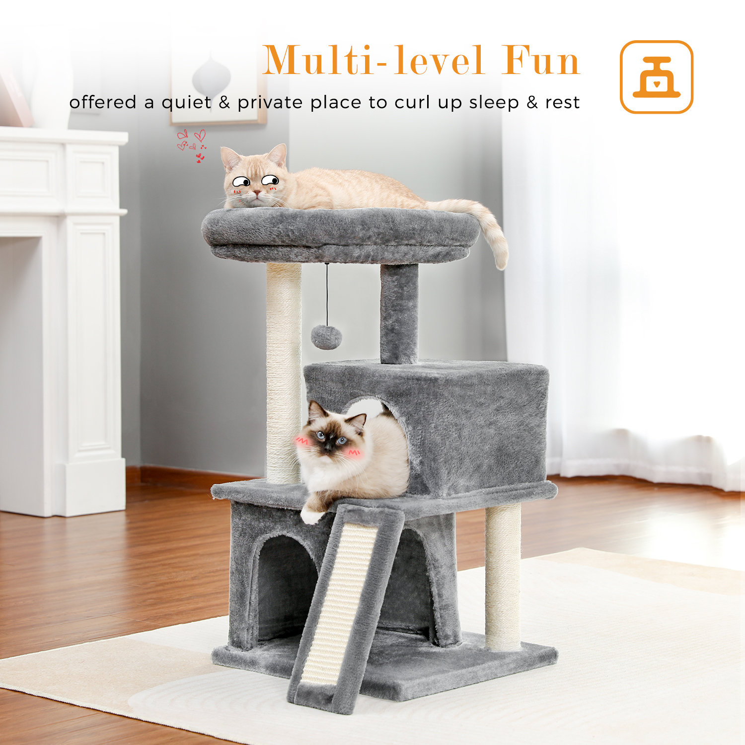 Cat Tree หอคิวแมวหลายระดับพร้อมคอนโดคู่, คอนกว้างขวาง, เสาลับเล็บป่านศรนารายณ์ที่ห่อเต็มรูปแบบและลูกบอลแบบถอดเปลี่ยนได้