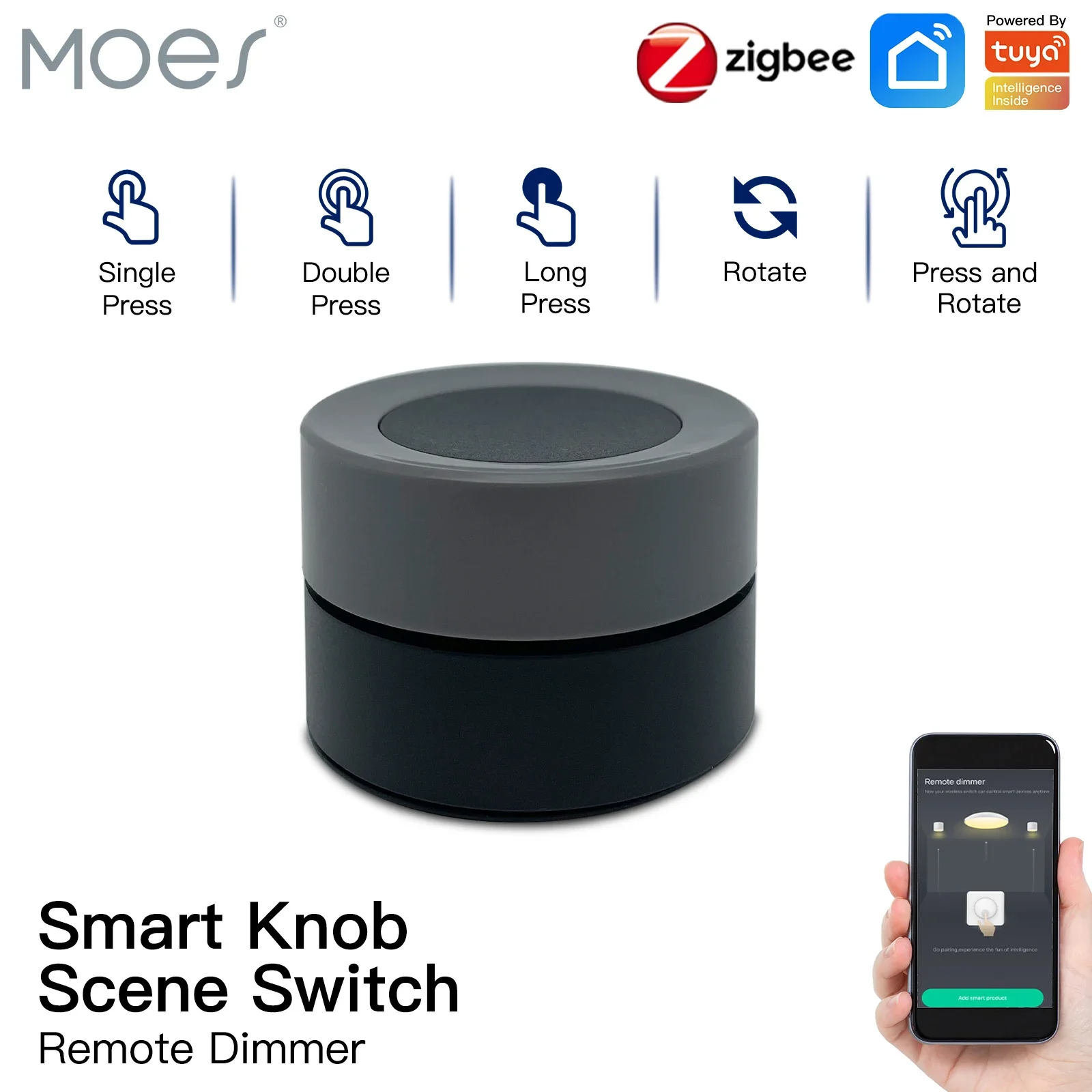 MOES-interruptor de perilla inteligente Tuya ZigBee, controlador de botón de escena inalámbrico, escenario de automatización alimentado por batería, aplicación Smart Life