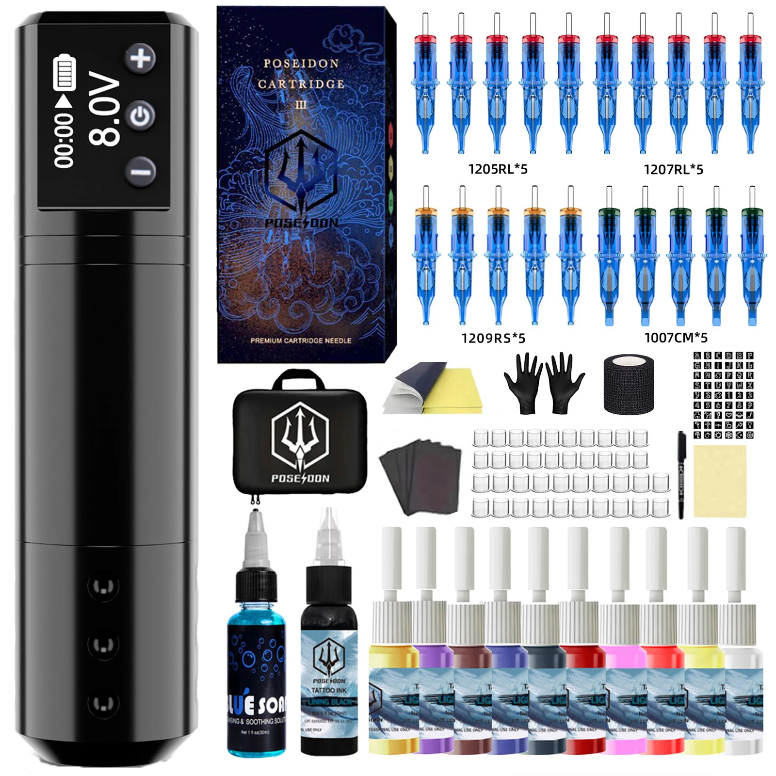 Poseidon kit de caneta de tatuagem rotativa sem fio kit de máquina de tatuagem motor coreless kit de arma de tatuagem de alta qualidade para artista de tatuagem