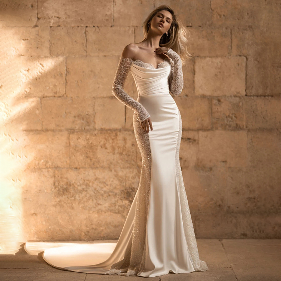 Personalizado fora do ombro manga longa querida sexy vestido de noiva sem costas vestido de sereia vestidos de casamento novia