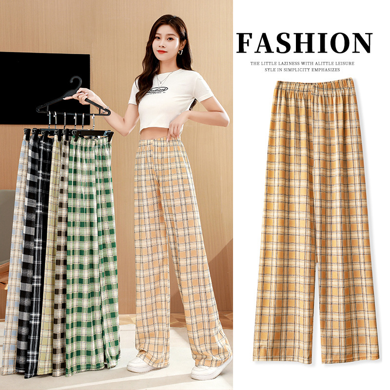 Nuovi pantaloni da donna scozzesi Vintage pantaloni a vita alta a gamba larga pantaloni dritti allentati pantaloni femminili Casual pantaloni larghi moda Streetwear