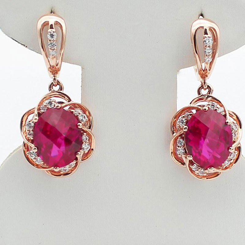 585 roxo banhado a ouro 14k rosa ouro incrustado oval rubi flor brincos para mulheres luxo moda requintado casamento jóias presente