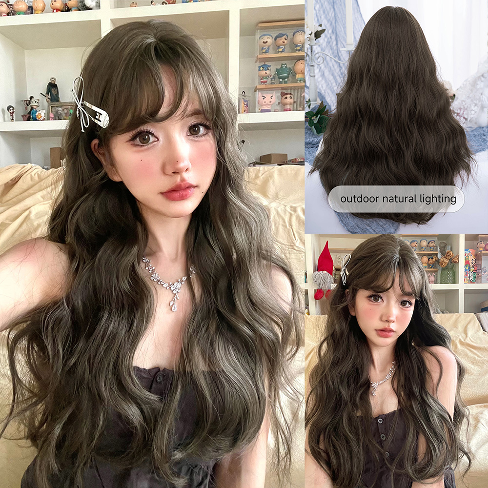 28Inch Dark Brown Pretty Lolita Synthetic Wigs with Bang Long Wavy Hair Wig for Women Daily Use Cosplay Party Heat Resistant