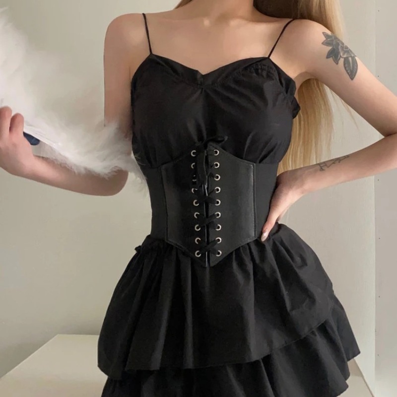 Cinto espartilho largo preto para mulheres, moda gótica, couro PU, cintos espartilho com cordões, cintura emagrecedora, cinto espartilho vintage para meninas