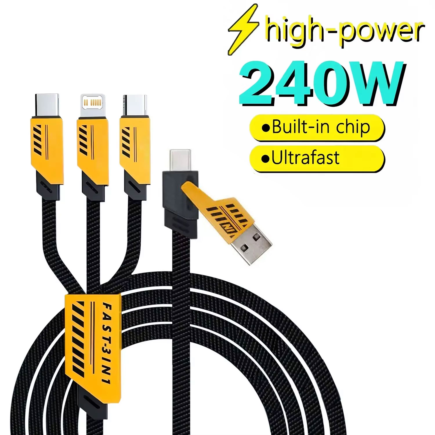 Micro USB、Type-C、マルチUSBポート対応、iPhone、Huawei対応、240W急速充電対応、1.2mの3in2充電コード