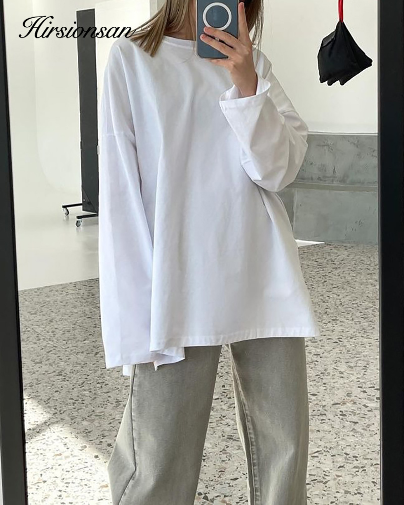 Hirsionsan-Camiseta básica de algodón de manga larga para mujer, ropa de gran tamaño con abertura sólida, camisetas informales, Top para mujer 2023