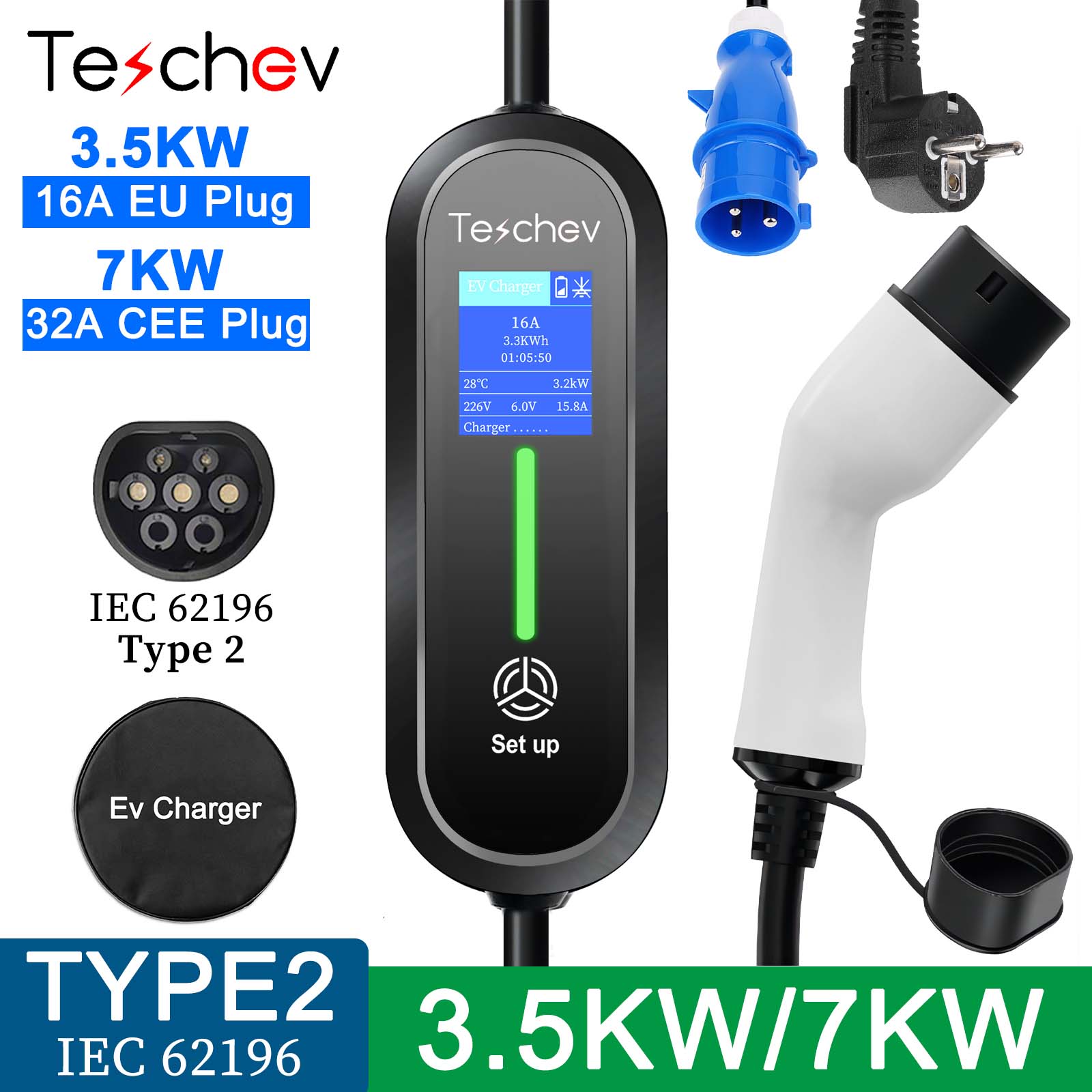 Przenośna ładowarka Teschev 3.5kW Type2 do pojazdów elektrycznych, kabel 7KW IEC62196-2 EVSE, ładowarka ścienna do samochodów elektrycznych
