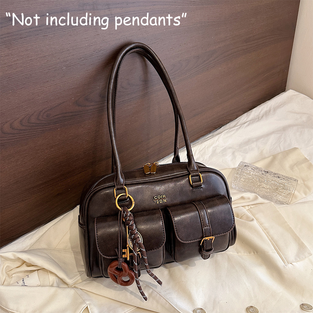 Bolsa de Ombro Feminina Retrô de Couro PU Cor Sólida com Múltiplos Bolsos, Grande Capacidade, Bolsa de Mão Requintada e Elegante