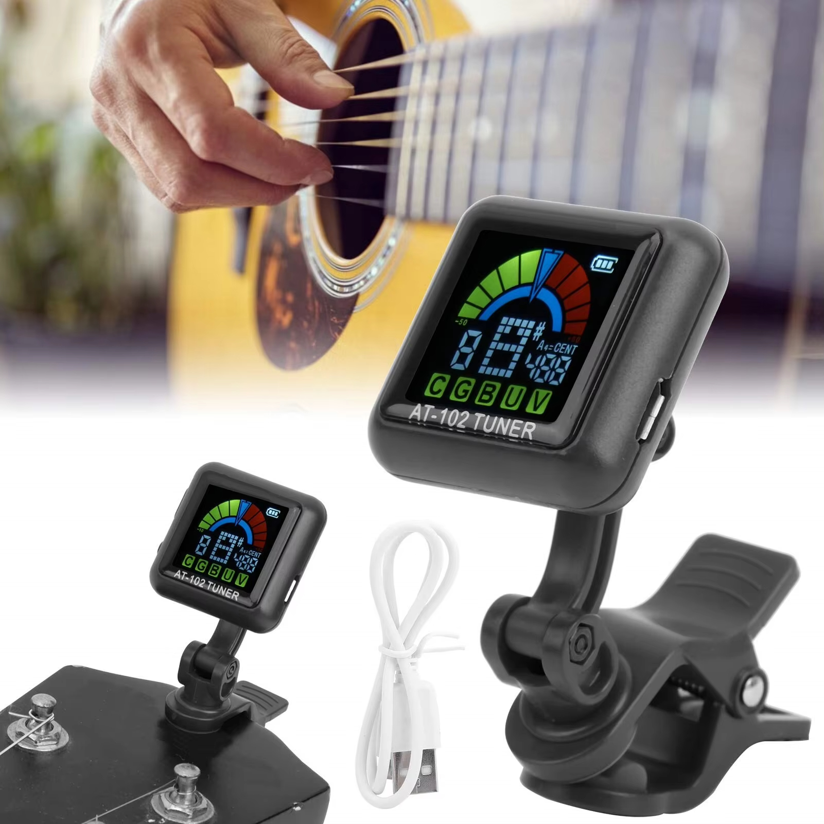 Aroma AT-102 Afinador de guitarra recargable con edición, pantalla a color, batería incorporada, cable USB de guitarra a color, bajo, cuarteto