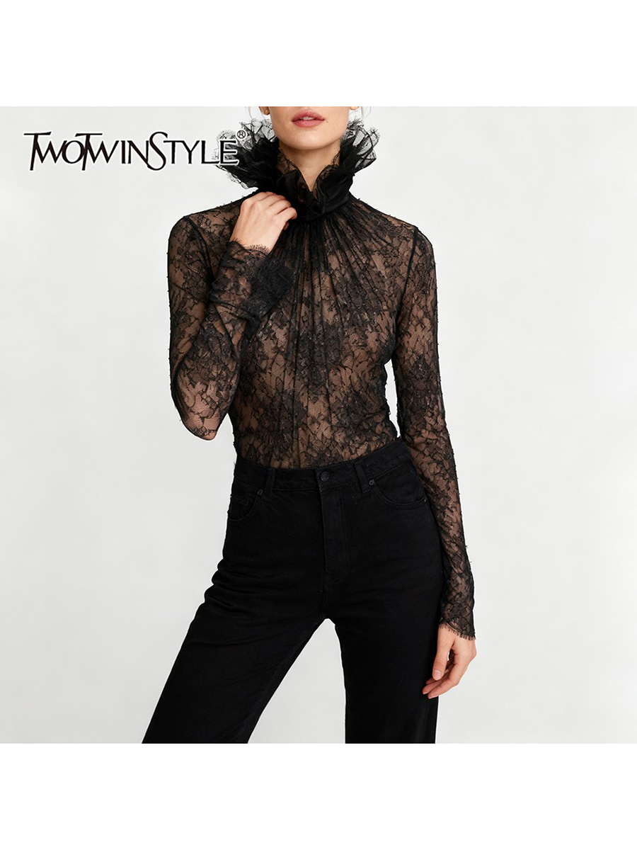 TWOTWINSTYLE minceur pure épissé dentelle Blouses Sexy pour les femmes col haut manches longues Patchwork chemise Blouse femme vêtements