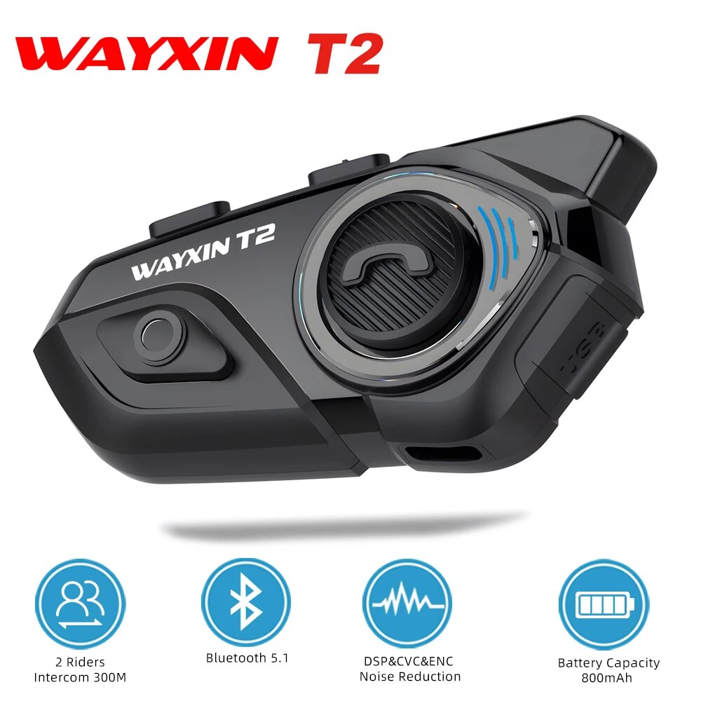 WAYXIN Helm Headset T2 Motorrad Bluetooth Intercom Für 2 Fahrer 300 M Intercomunicador Moto Interphone BT 5,1 Wasserdichte Biker