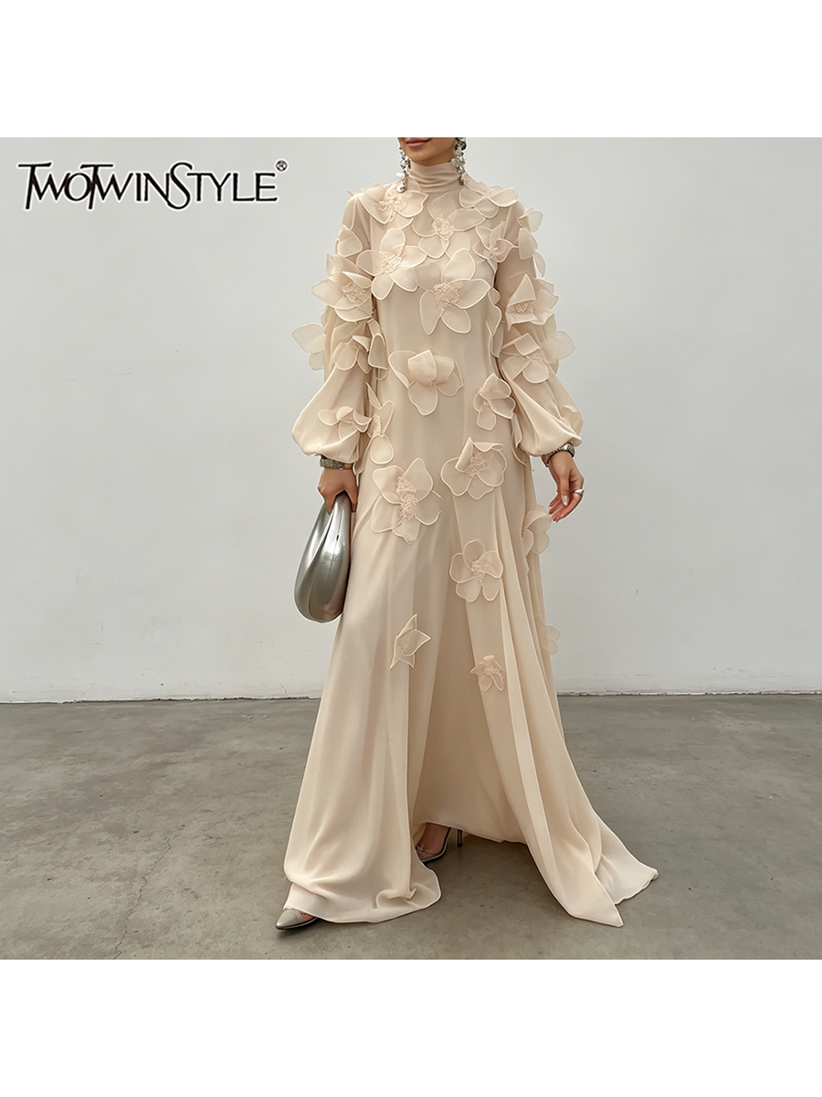 TWOTWINSTYLE Solid Losse Gesplitste 3D Bloemen Elegante Midi Jurk voor Vrouwen Ronde Hals Lange Mouw Patchwork Mesh Jurken Vrouwelijke Nieuwe