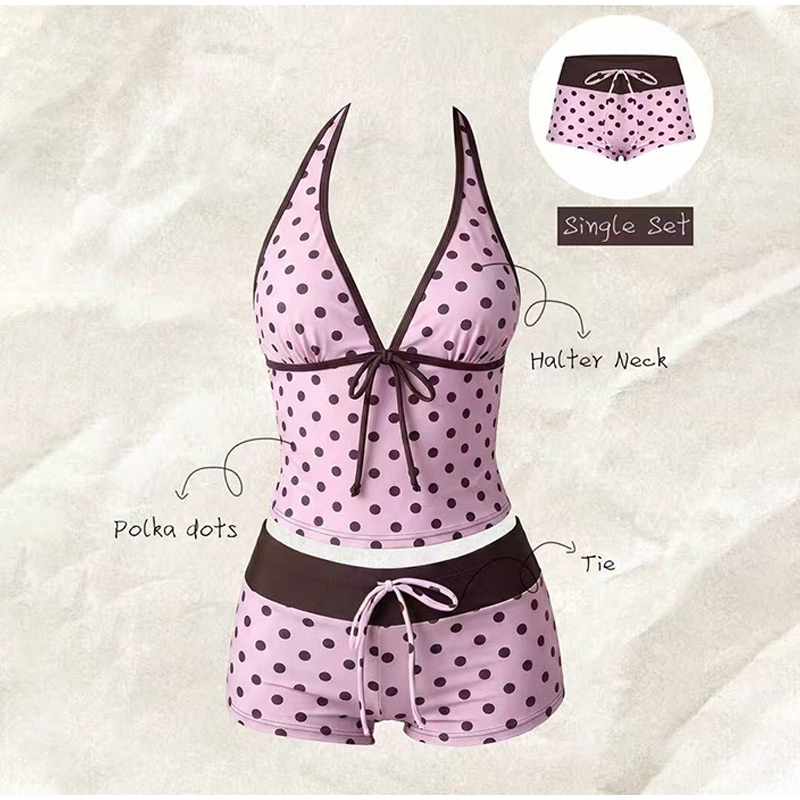 Damski strój kąpielowy w kropki z rozcięciem, seksowne bikini na lato, 2-częściowy zestaw, dekolt w serek, wiązany z przodu top typu camisole, szorty kąpielowe ze sznurkiem w pasie.