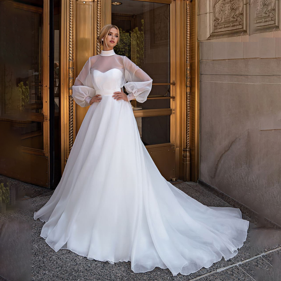 Personalizado alta pescoço ver através de mangas compridas organza venda quente vestido de casamento com arco vestido para vestidos de noiva blancos de mujer