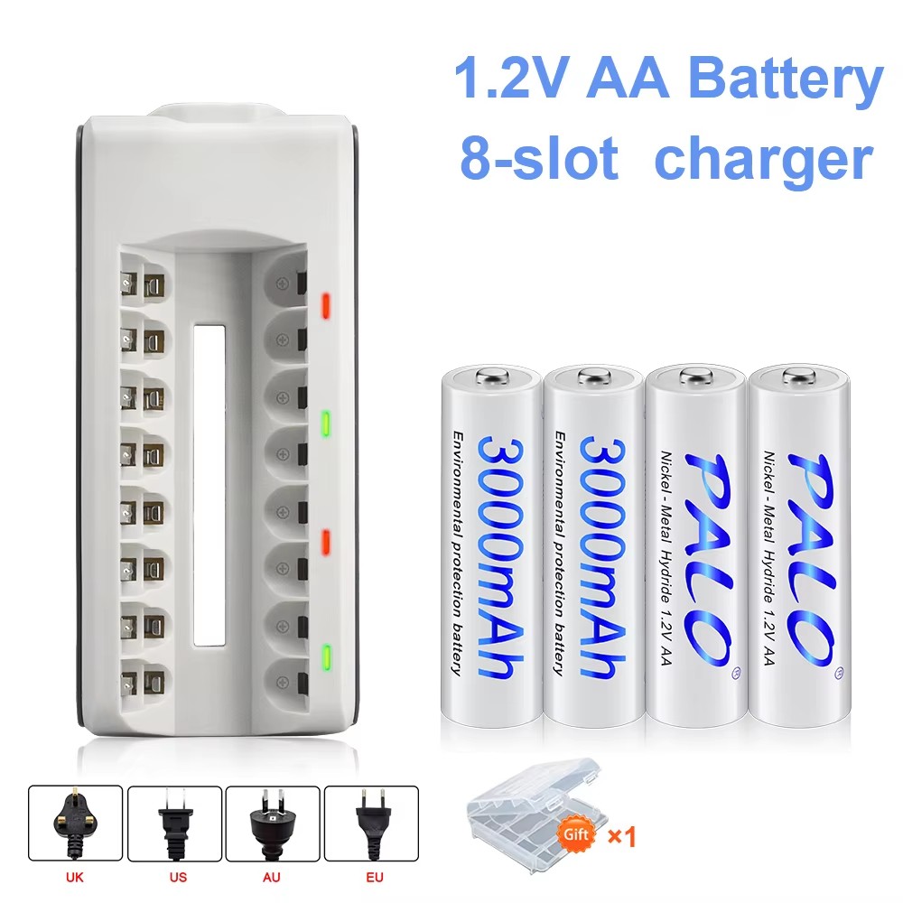 ปาโล 1.2V 3000mAh AA แบตเตอรี่แบบชาร์จไฟได้ NI-MH นิมฮแบตเตอรี่แบบชาร์จไฟได้ AA สำหรับกล้องของเล่นรถไฟฉาย + เครื่องชาร์จ 8 ช่อง