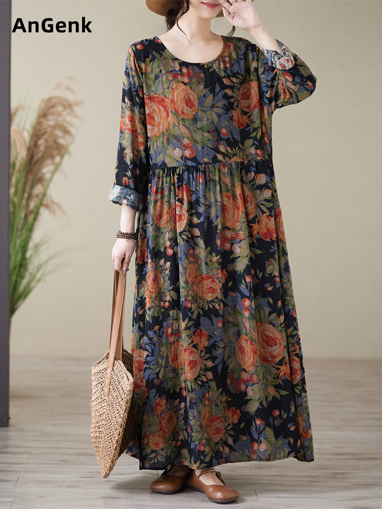 Vestido Floral Vintage de Algodón para Mujer, Primavera-Otoño 2026, Casual, Holgado, de Manga Larga, Vestidos de Moda