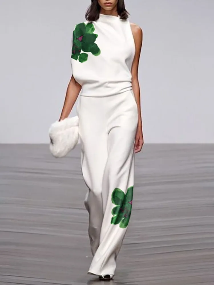 UOOZEE 2025 Neue Sommer-Damen-Zweiteiler: Modische Blumenprint-Oberteile mit hohem Kragen und One-Shoulder-Design & Hochtaillierte Straight-Leg-Hosen