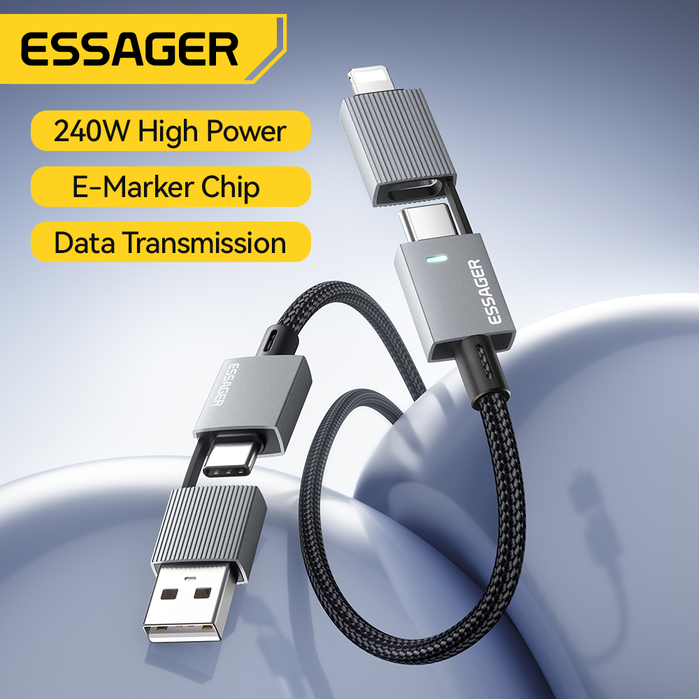 สายชาร์จ Essager 4-in-1 USB Type C 240W PD ชาร์จเร็ว สาย Type C to Type C สำหรับ iPhone 17 Pro iPad, Samsung Xiaomi MacBook