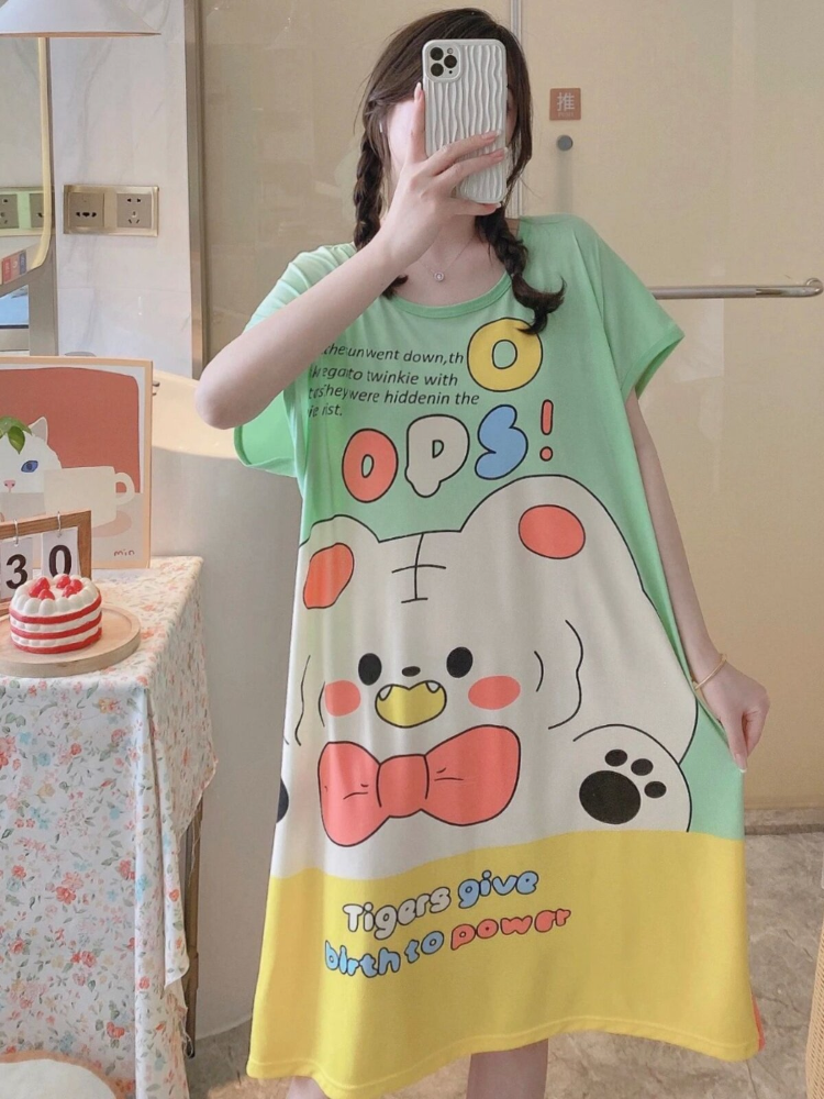 Cool Cute Girls Cartoon Nightdress Comfortable Short-Sleeved Dress Women's Home Wear Polyester Pajama Plus Size Loose Women