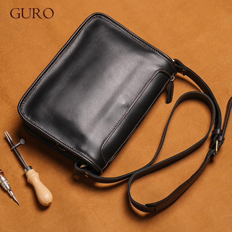 GURO haute qualité en cuir véritable rétro minimaliste sac à bandoulière unisexe sac de messager en peau de vache Durable quotidien sac à bandoulière décontracté